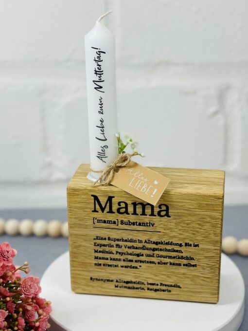 Kerzenständer Mama aus Holz mit Stabkerze zum Muttertag