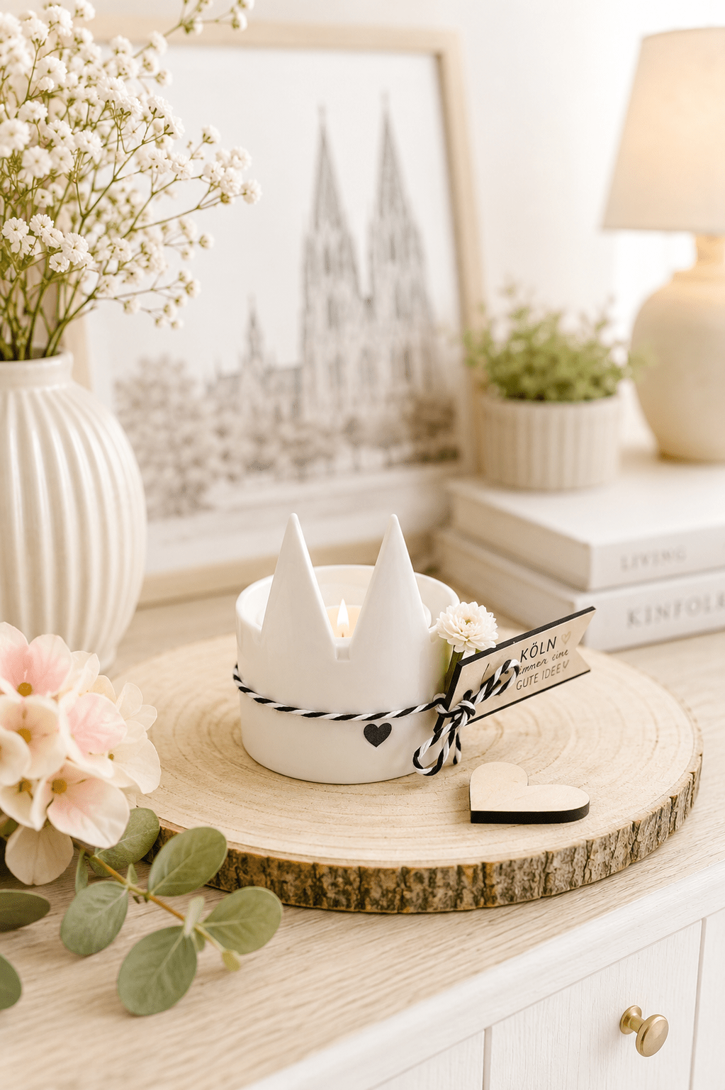 Kölner Dom Teelicht mit Holzanhänger „E Dömche für Dich!“ als moderne Köln Deko