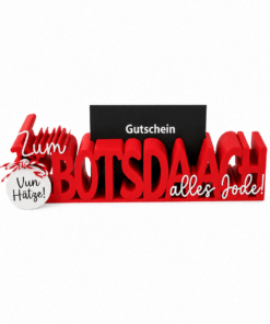Kölscher Gutschein-Aufsteller „Zum BOTSDAACH alles Jode!“ in Rot mit Gutscheinhalter