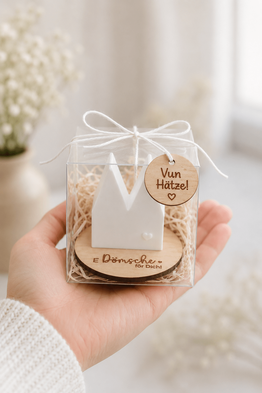 Mini Kölner Dom auf Holzsockel mit Gravur „E Dömsche för Dich!“ als kleines Geschenk aus Köln